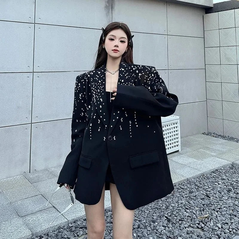 High-Quality Hot Diamond Black Blazer Women's Neutral Spring And Autumn New Design V ersatile Long-Sleeved Shoulder Padded Suit