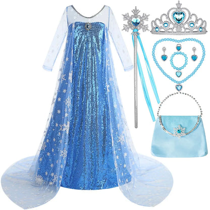New Sequined Blue Elsa Party Dress For Girl Role Play Princess Apparel Toddler up Birthday Festival Carnival Apparel Accessories