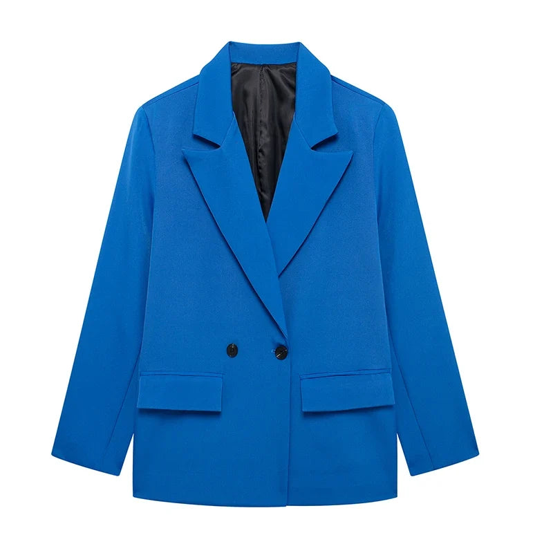 Women Fashion With Pockets Solid Double Breasted Blazer Vintage Long Sleeves Notched Neck Female Office Lady Outfits