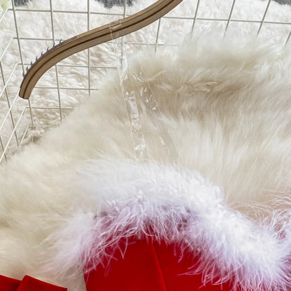Women's Christmas Dress Sexy Low-cut Waist Thin Big Pendulum Fluffy Splicing Suspender Tube Ling Dress Red