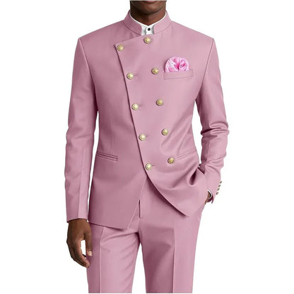 Men's Chinese Style Suit 2 Piece Brown Mandarin Collar Double Breasted With Gold Buttons Formal Jacket Pants For Business Weddin