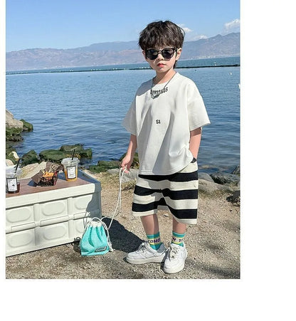 Summer Boys Cotton Leisure White T-Shirt Tops+Contrast Stripes Shorts Pant Set School Kids 2PCS Tracksuit Children Outfit 3-14Yr