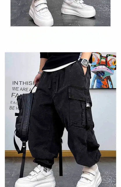 American Vintage Cargo Joggers Mens Washed Distressed Multi Pocket Pants Oversized Loose Fit Streetwear Hip Hop Plus Size Trendy