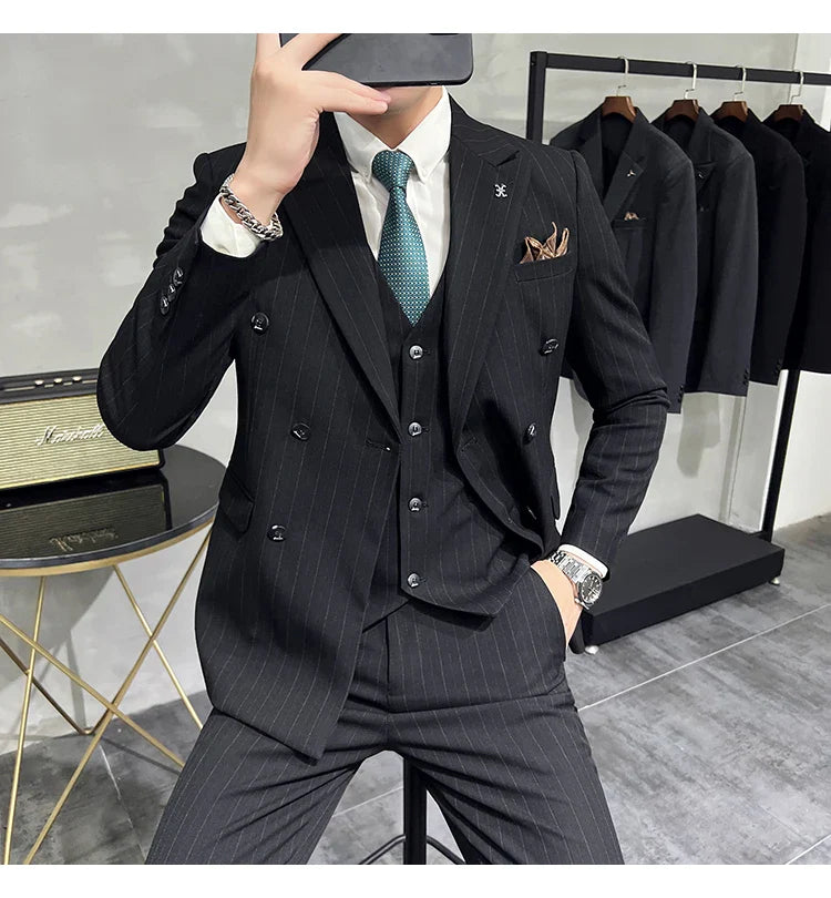 2025 High-quality Korean Version Slim-fit Business (Suit + Vest + Trousers) Striped Double-breasted Suit Three-piece Set