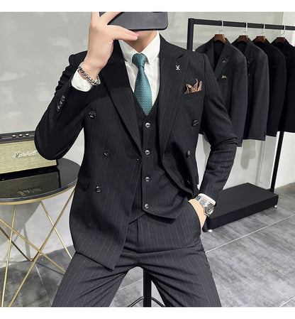 2025 High-quality Korean Version Slim-fit Business (Suit + Vest + Trousers) Striped Double-breasted Suit Three-piece Set