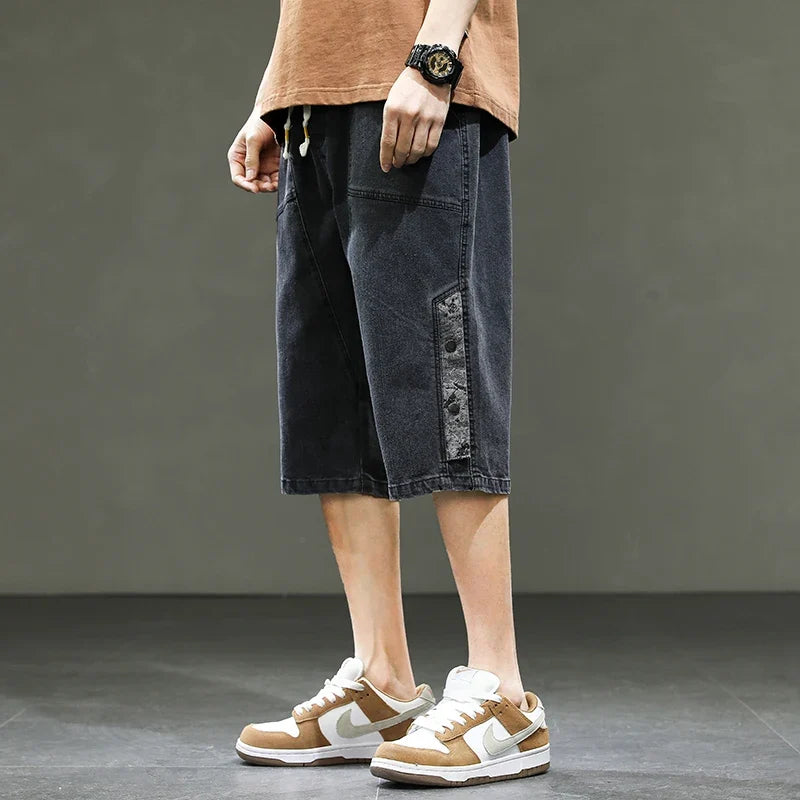 Korean Style Summer Men's Black Wide Leg Denim Shorts New Fashion Casual Baggy Short Jeans Male Plus Size 6XL 8XL YBR602