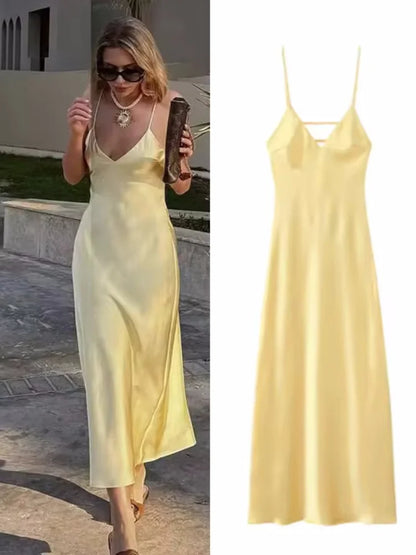 Yellow Satin Sling Dress Women Elegant V Neck Sleeveless Backless High Waist Maxi Dresses 2025 Summer Lady Party Evening Robes