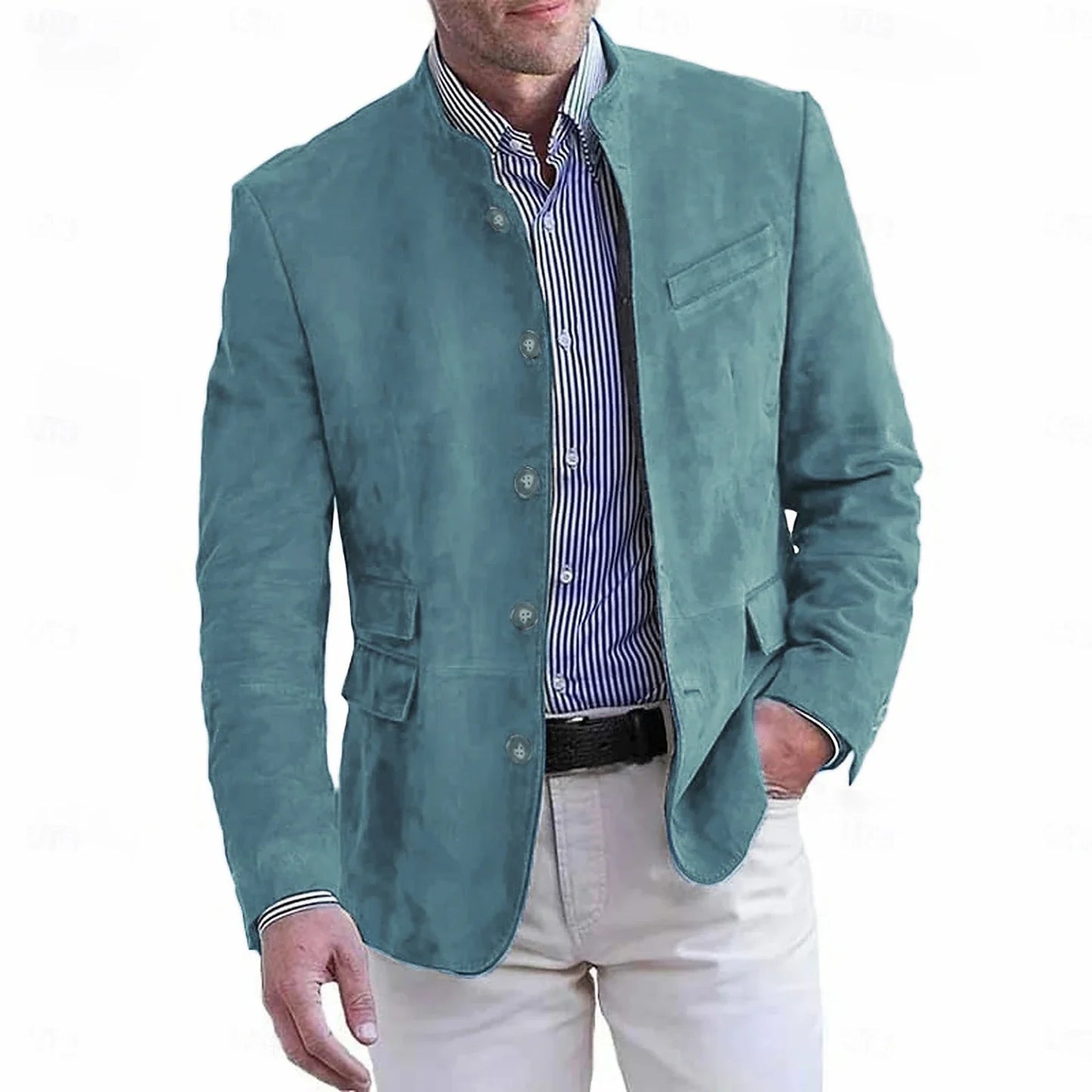 Autumn Winter Men'S Casual Blazer Jacket Stand Collar Long Sleeve Solid Color Single Breasted Button Fashion Jackets