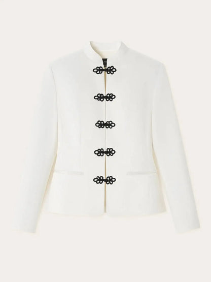 Women's Spring Summer Mandarin Collar Frog Button Cropped Chinese Style Blazer Casual 2026 Trendy Feminine Fashion Coat