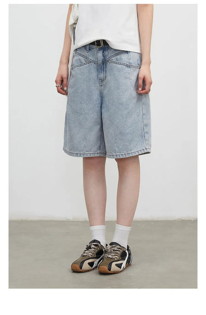 Fashion Women Shorts Mid-length Blue New Dividing Line Design Retro Washed Cotton Straight Leg Short Jeans Summer 2026