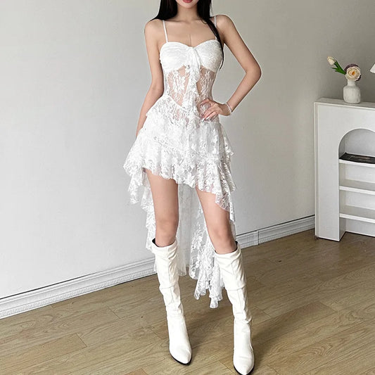 Women Lace Irregular Long Dress Camis Sheath Sensual Sheer Dress Fashion Streetwear Hollow Out Ruffles Sexy Dresses