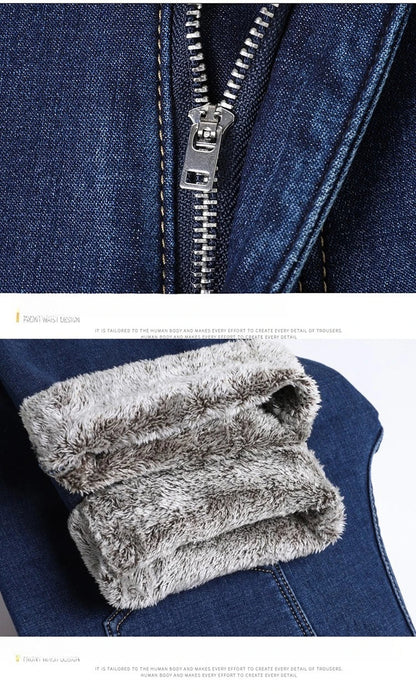 Men's Fleece Lined Thicken Jeans Winter Warm Stretch Slim Fit Denim Pants Comfortable Soft Trousers for Daily Work Wear Clothing