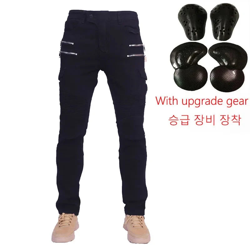 Double zipper Decoration Metal Style Motorcycle Leisure Motorcycle Men's Outdoor Riding Jeans Slim Pants With Protect Gears
