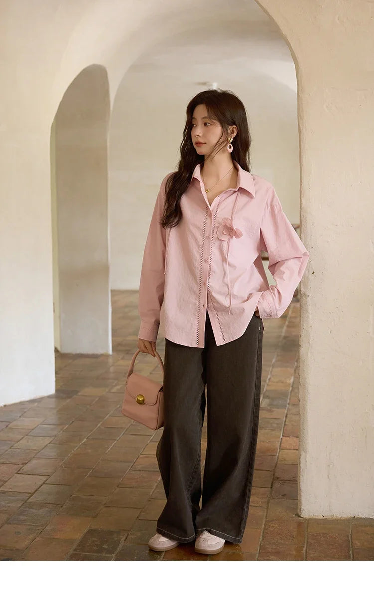 100% Cotton Shirt For Women Autumn 2025 New Fashion Petal Ribbon Button Long Sleeves Shirt Women's Clothing MXE41C2349