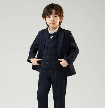 Navy Children's Fashionable Suit Set 5 Pieces,Double Breasted Boys Suits For Banquet Party,Kids Tuxedo Performance Wear