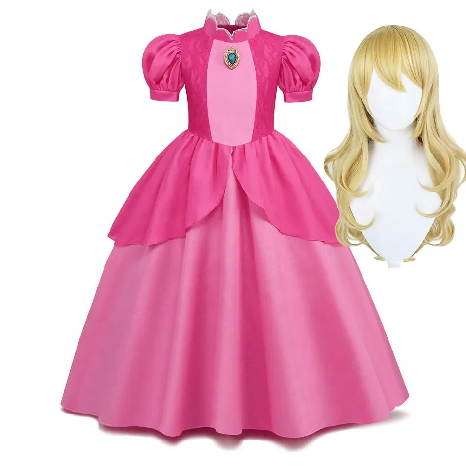 Cosplay Peach Costume for Girl Summer Bubble Sleeve Princess Elegant Dress Kids Halloween Christmas Party Dress Children Clothes