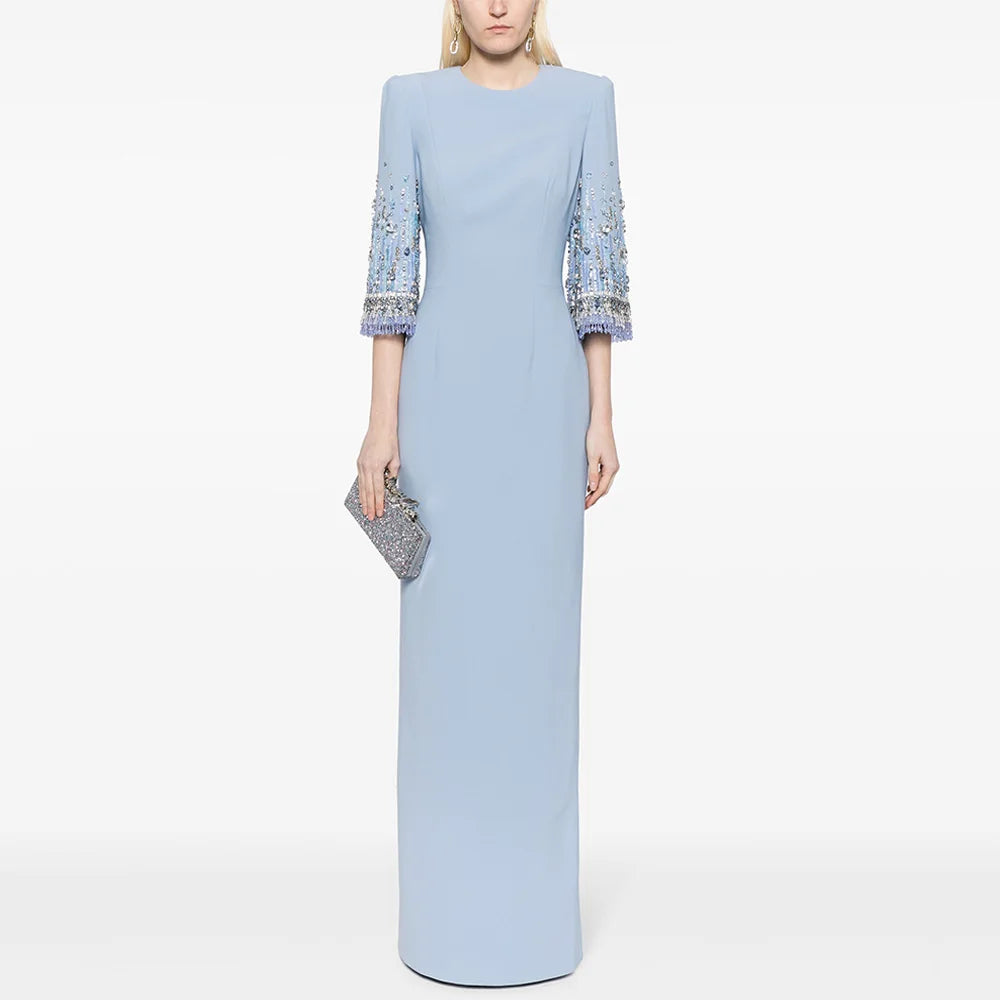 Prom Dress Long Customized Round Neck 3/4 Sleeves Beading Sequined Straight Arabian Evening Dress Pale Blue Saud Party Gown