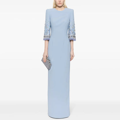 Prom Dress Long Customized Round Neck 3/4 Sleeves Beading Sequined Straight Arabian Evening Dress Pale Blue Saud Party Gown