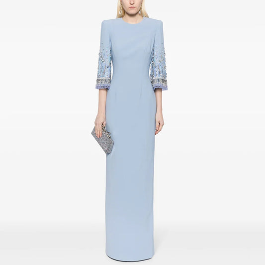 Prom Dress Long Customized Round Neck 3/4 Sleeves Beading Sequined Straight Arabian Evening Dress Pale Blue Saud Party Gown