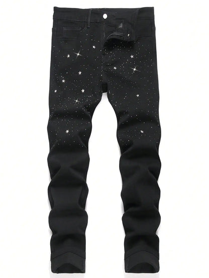 Men's Trendy Rhinestone - Embellished Black Stretch Skinny Jeans, Four - Season Style