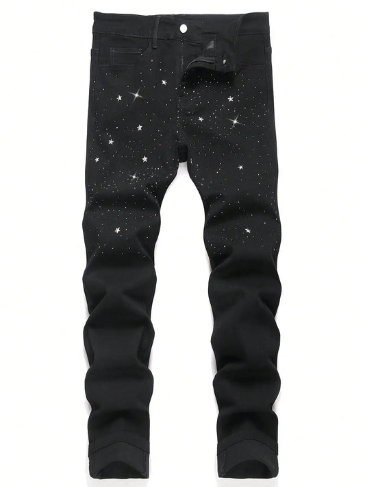 Men's Trendy Rhinestone - Embellished Black Stretch Skinny Jeans, Four - Season Style