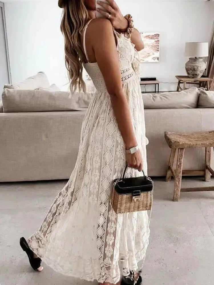 Summer Fashion Sexy Beach Vacation Long Dress Lace Sleeveless Women Dress V Neck Hollow Out Elegant Loose Dresses