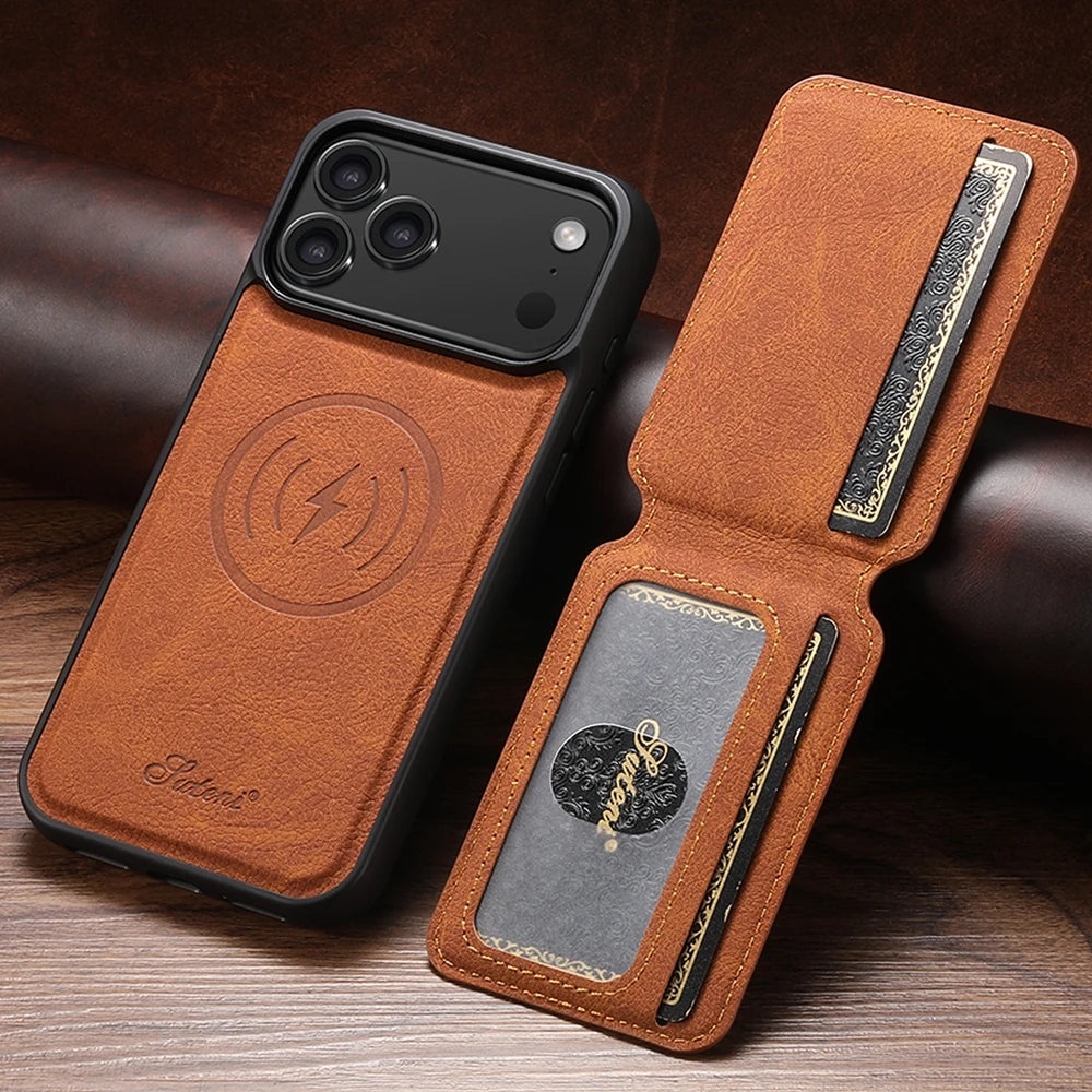 2 in 1 Leather Case For iPhone 17 Promax Air 16 Pro max 15 Plus 14 Pro 13 12 Wireless Charging Kickstand Card Slots Phone Cover