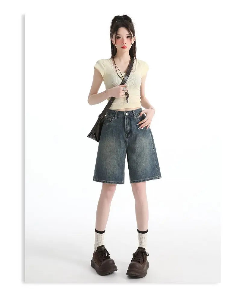 Women's High Waist Wide Leg  Y2K American Retro Washed Five-Point Denim Shorts Summer Loose Slim Straight Cut Mid-Length Pants