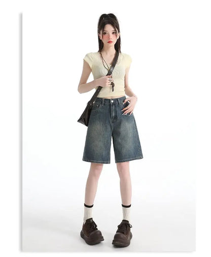 Women's High Waist Wide Leg  Y2K American Retro Washed Five-Point Denim Shorts Summer Loose Slim Straight Cut Mid-Length Pants