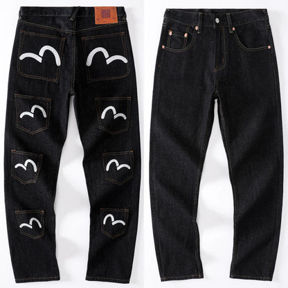 Japanese Handmade Embroidered Jeans Men's Pure Cotton Straight Tube Hip-Hop Popular Slim Red Ears Show Thin Trousers Devil