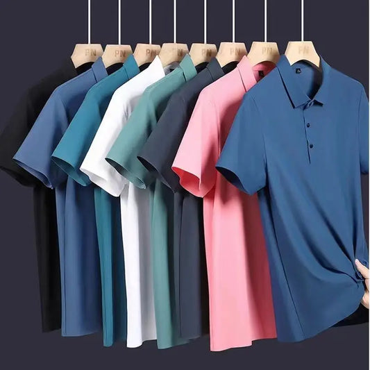 Summer Ice Silk Polo Shirt High-End T-Shirt Solid Color New Half Sleeve Non-Marking Casual Lapels Business Thin Menswear 2025