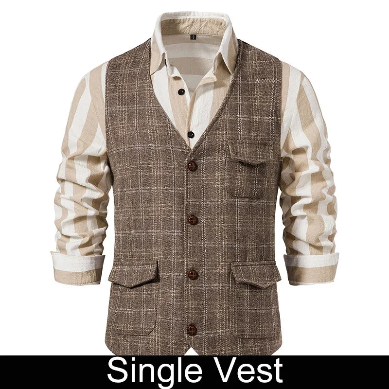Suit Vest Men British Style Plaid Single-breasted Pocket Man Waistcoat Business Casual Slim Sleeveless Male Vest