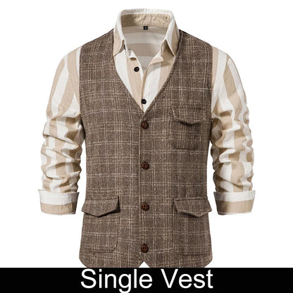 Suit Vest Men British Style Plaid Single-breasted Pocket Man Waistcoat Business Casual Slim Sleeveless Male Vest