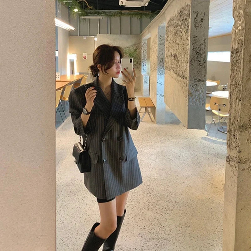 Ele Stripe Loose Faionable Suit Jaet with Belt Hong Kong Sle Retro Chic Top Women's Busin Casual Outerwear