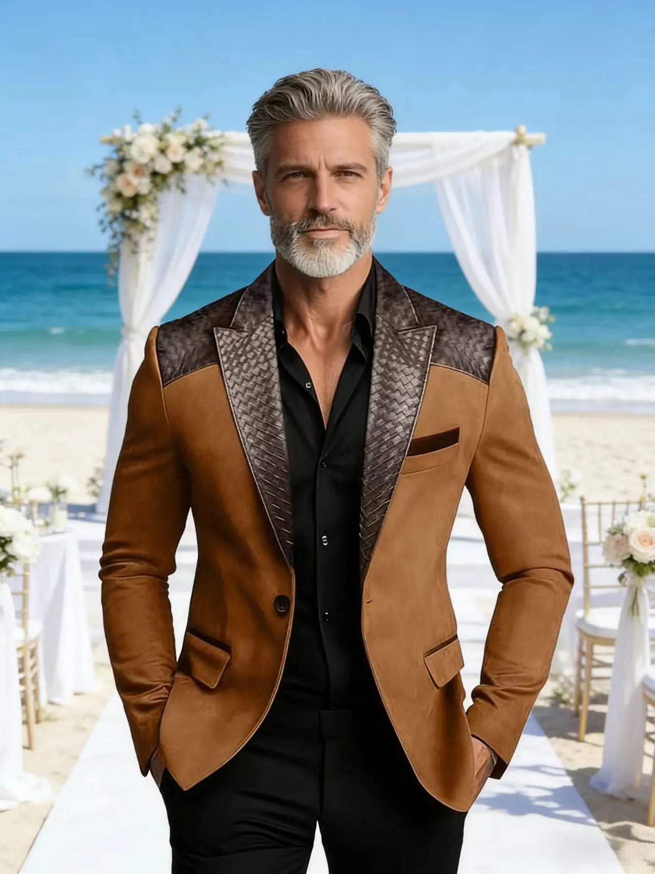 Men's Faux Suede Jacket with PU Leather Collar & Shoulder Two-Tone Blazer Contrast Trim Coat