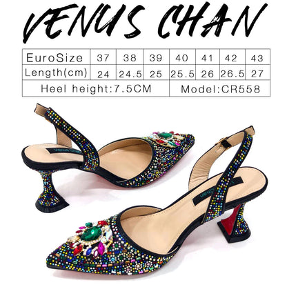 2024 Latest Wedding Pointed Toe Women's Shoes High Heel Black Color Rhinestones italian shoes and bags matching set