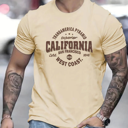 Men's 100% cotton casual sports loose fit California West Coast print round neck short sleeved T-shirt top