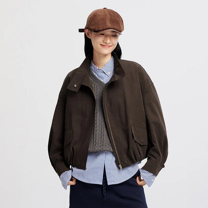 Women Jacket Solid Stand Collar Bubble Hem Oversize Dropped Shoulder Casual Style Autumn Outerwear Daily Wear 2026
