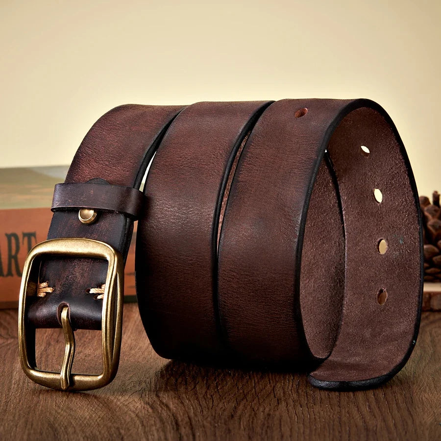 3.8CM Real Genuine Thick Leather Belt Cowhide Copper Pin Buckle Casual Jeans Belt Men High Quality Retro Cowboy Belt Male Strap