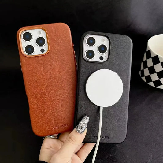 Luxury Business Leather For Magsafe Magnetic Phone Case For IPhone17 16 15 14 ProMax Shockproof Metal Lens Frame Protector Cover