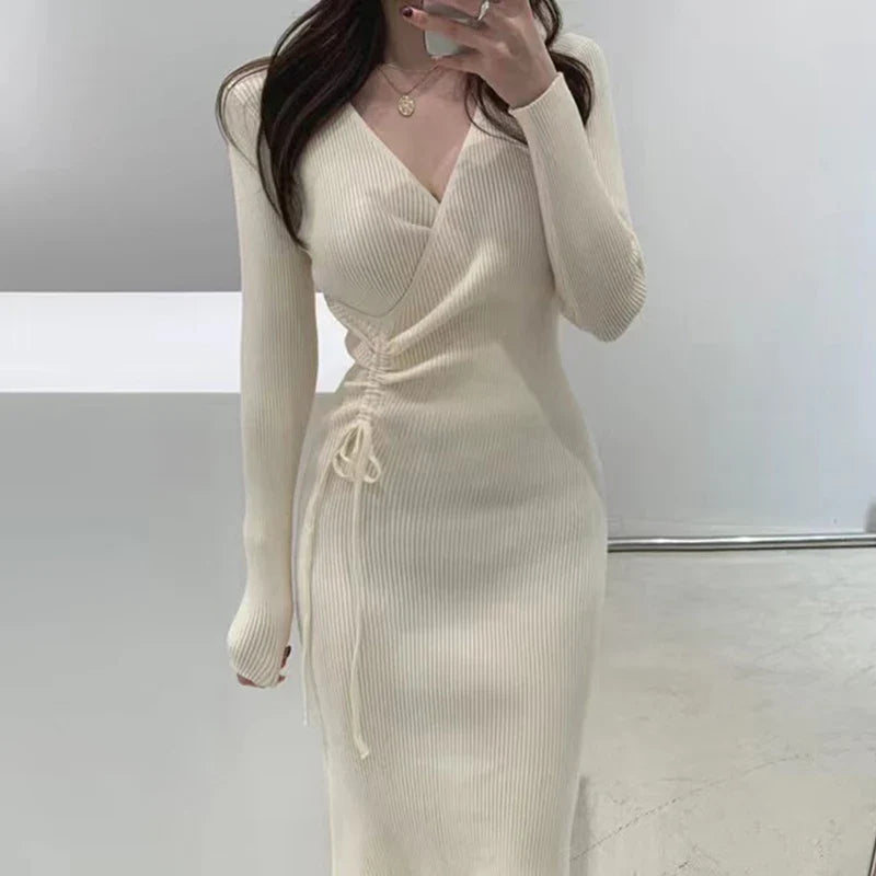 Chic V-ne Knitted Wrap Waist Slimming Mid-length A-line Dr Women's Sweater Dr Korean Sle High Waist Long Sve
