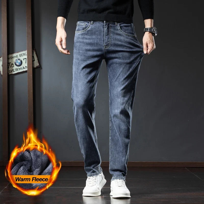 2025 Winter Fleece Jeans Men's Fashion Elastic Slim Straight Warm Trousers Thicken Business Casual Korean Thermal Denim Pants