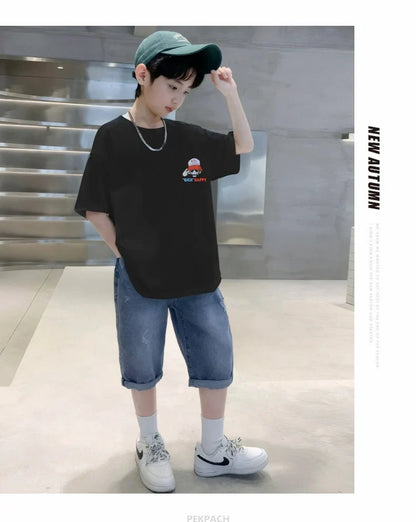 Teens Boy New Summer Clothing Set Cartoon Outfit Children Casual Short Sleeve T-shirt + Denim Shorts 2 Pieces Clothes Tracksuit