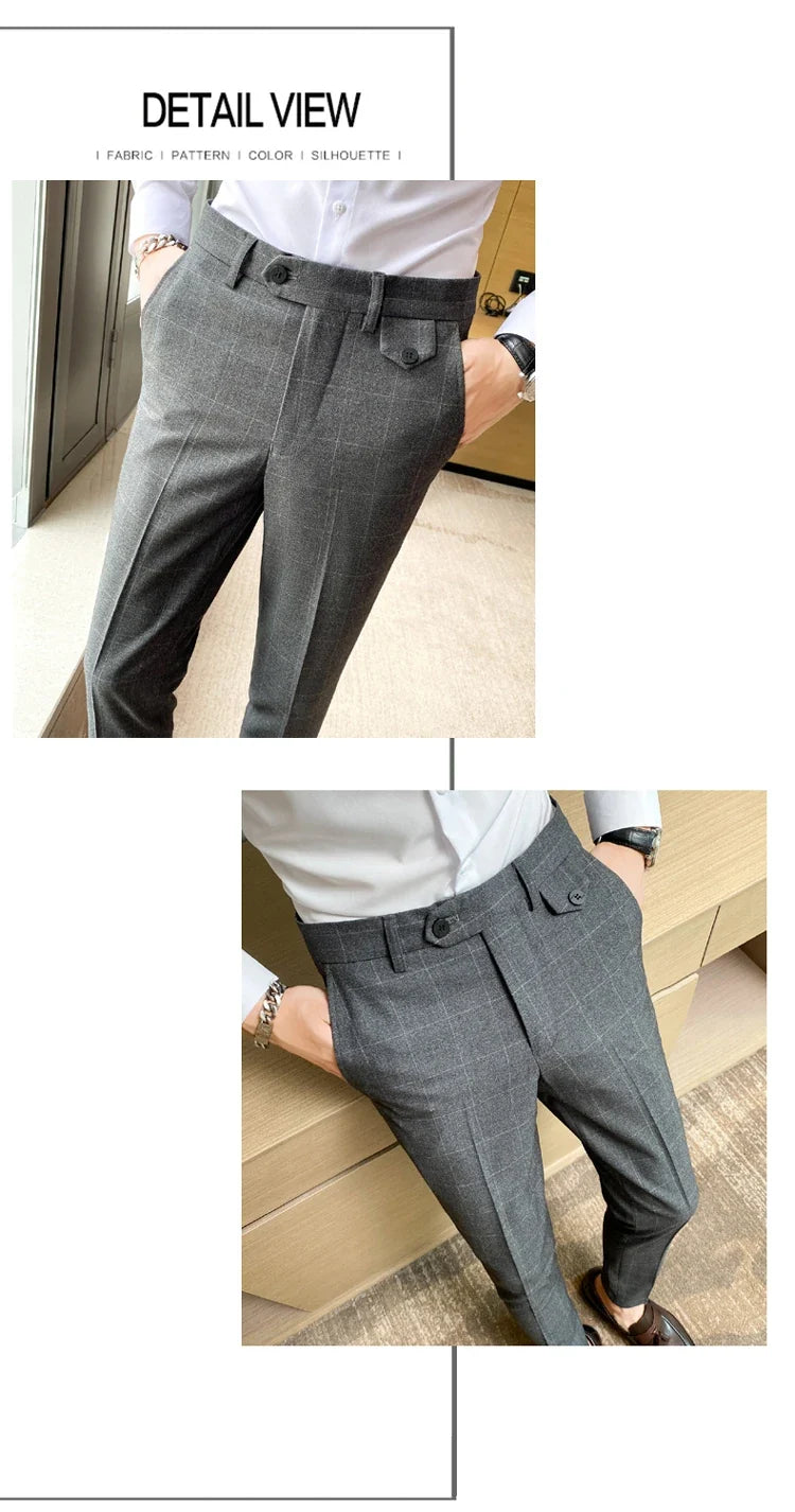Boutique Classic Plaid and Striped Fashion Men's Casual Business Slim Suit Pants Groom Wedding Dress Trousers Party