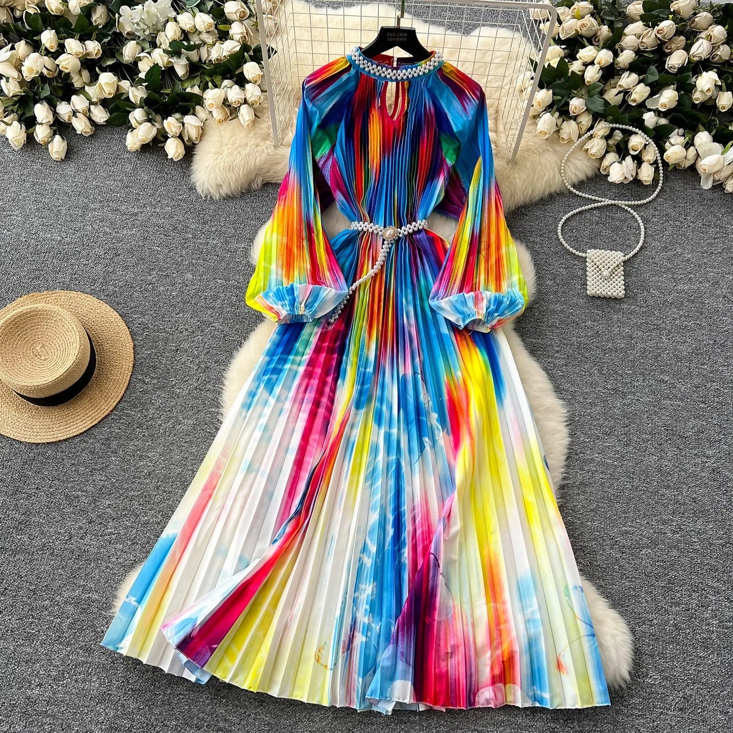 Ele High-End Women's Dr Faionable Beaded round Ne Hollow out Pleated Lantern Sve Waist Cinched Floral Print Lon...
