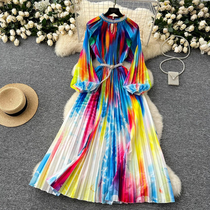 Ele High-End Women's Dr Faionable Beaded round Ne Hollow out Pleated Lantern Sve Waist Cinched Floral Print Lon...