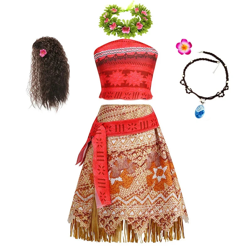 Moana Dress for Kids Girls Princess Vaiana Cosplay Carnival Children Birthday Party Headwear Necklace Pet Pig Chicken Set