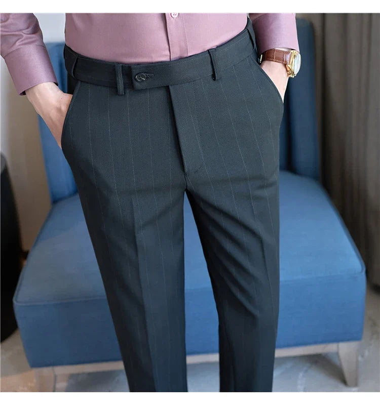 High Qualitys Wool Elastic Waist Striped Suit Pants Autumn Winter Thickening Men Business Slim Fit Social Casual Trousers Hommes