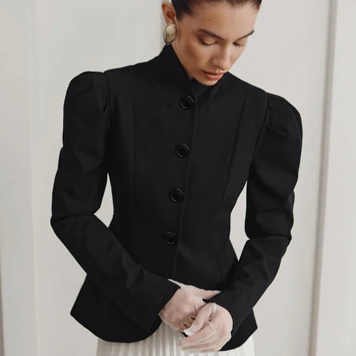 French Style Elegant Retro Stand Collar Black Suit Autumn Winter New Temperament Commute Puff Sleeve Slim Female Coat Tops Trend