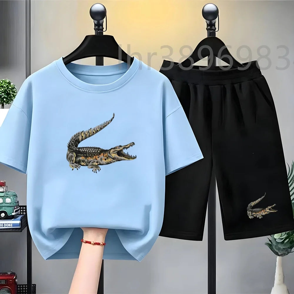 Summer Tees African crocodile print Set Suitable Children Short Sleeve Age 3-12 Girls boy Set Tshirt+Shorts 2pcs Kids clothing